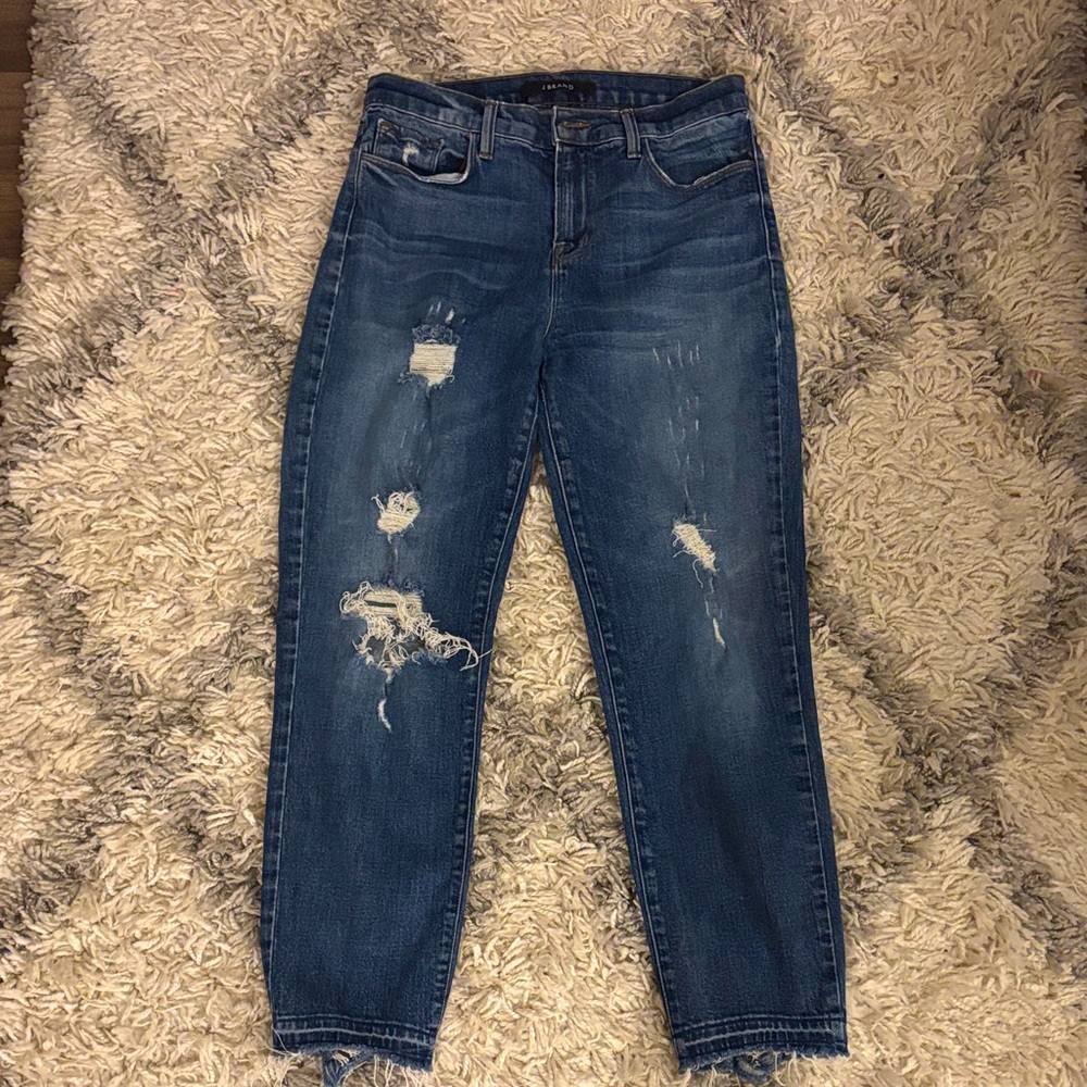 J Brand Distressed Ankle Jeans in Dark Blue